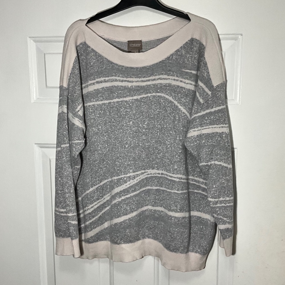 Chicos Gray Cream Striped Knit Sweater Size 4 XL Boat Neck Long Sleeve Pullover